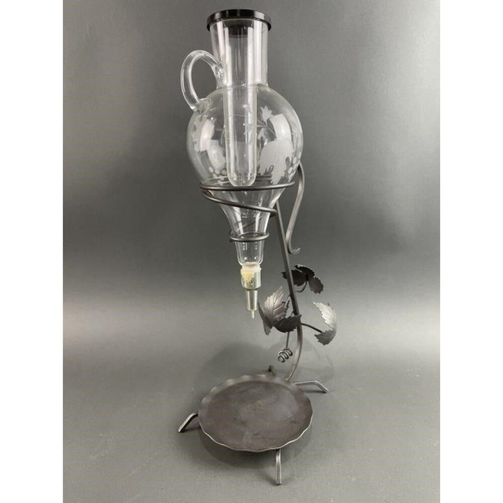 Vintage Italian Crystal Wine  Decanter Dispenser Etched Glass Wrought Iron
